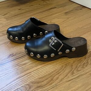Ganni Black Leather Clogs with Studs